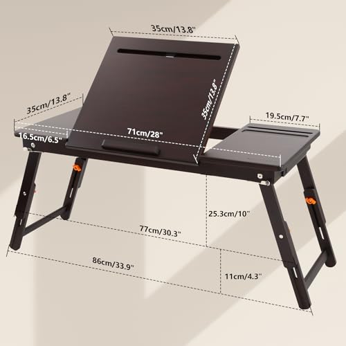 Nnewvante Bamboo Laptop Bed Desk, Adjustable Height & Angle, Black Walnut | With Drawer, Tablet & Phone Slots, Foldable Computer Lap Table, Breakfast Serving Tray for Bed Floor, 27.95" x 13.8" - color: Black Walnut