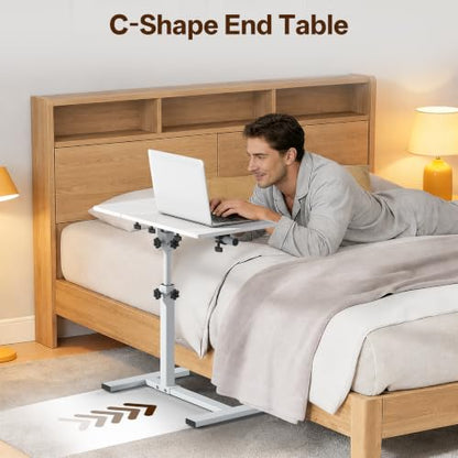 Overbed Table with Wheels Rolling, Adjustable Mobile Bedside Desk, Flip-Top, Laptop Table, C Shaped End Side Table for Couch, Sofa, Bed, Recliner and Home Use, Large White - color: Large White