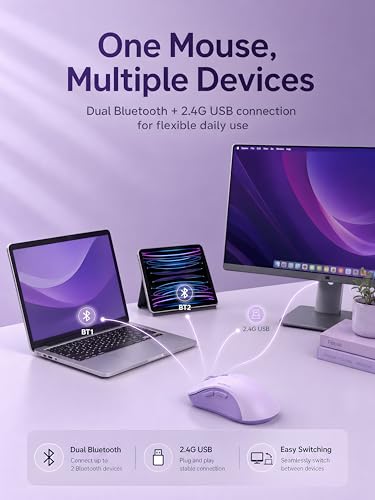 RAPIQUE Bluetooth Wireless Mouse, Dual Bluetooth & 2.4GHz USB Receiver, Right-Hand Design, Quiet Clicks, Low Power, Portable Multi-Device Compatibility for MacBook, Laptop, Computer, iPad, PC - Purple - color: Lavender Purple