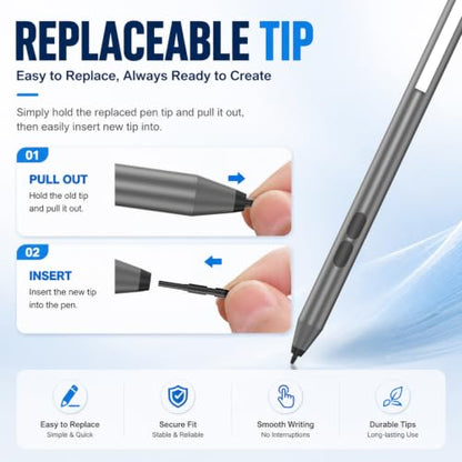 Active Pen for HP Omnibook Envy x360 Spectre Pavilion, Palm Rejection | 1024 Pressure Levels, 300-Day Battery, Dual Side Button, No Bluetooth, MPP 1.51 for Drawing & Note-taking - color: Gray