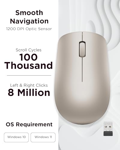 Lenovo 530 Wireless Mouse with Battery, 2.4GHz Nano USB, 1200 DPI Optical Sensor, Ergonomic for Left or Right Hand, Lightweight, GY50Z18988, Almond - color: Almond