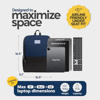 Laptop Backpack for Men 17 Inch – Work & Travel Backpack with Luggage Strap, Trolley Sleeve and Padded Compartment – Navy Blue - color: Navy Blue (Grey Back)