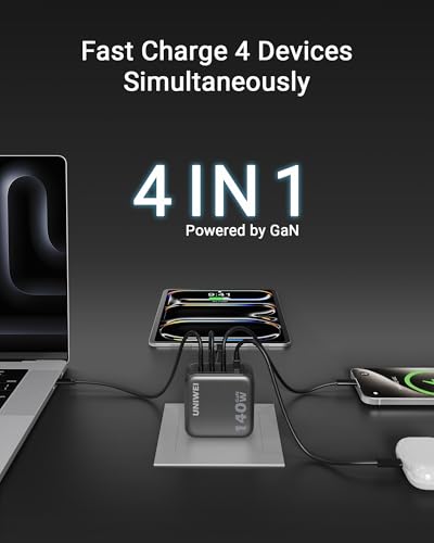 Laptop Charger, 140W MAX USB C Charger, 4-Port Multi-Device Fast Charging, Advanced GaN Power Adapter, for MacBook, iPhone 17/16 Series, Samsung Galaxy, Pixel, and More