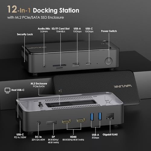 WAVLINK Laptop Docking Station 3 Monitors(Max Resolution: Single 8K or Triple 4K), 12-1 USB C Hub with 10Gbps M.2 PCIe/SATA SSD Enclosure, 2*HDMI + DP, 100W PD, for MacBook Pro/Air Mac mini M1–M4