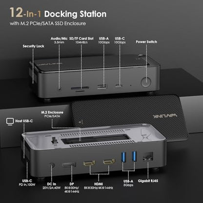 WAVLINK Laptop Docking Station 3 Monitors(Max Resolution: Single 8K or Triple 4K), 12-1 USB C Hub with 10Gbps M.2 PCIe/SATA SSD Enclosure, 2*HDMI + DP, 100W PD, for MacBook Pro/Air Mac mini M1–M4