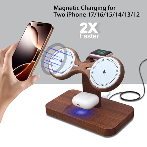 3 in 1 Wireless Charging Station for Apple Devices 24W Dual Phone Charging Station for 2 iPhone 17 16 15 14 13 12 Series iWatch 11 10 9 8 7 6 5 4 AirPod Magnetic Wireless Phone Charger Stand - color: With Apple watch charger