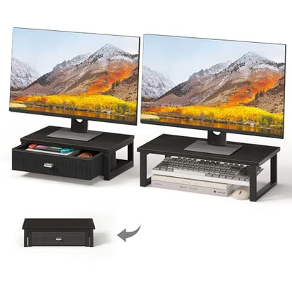 WOHOMO Dual Monitor Stand Riser with Drawers, Wood Desk Organizers for 2 Monitors, Desktop Storage Stand for Computer, Laptop, Black