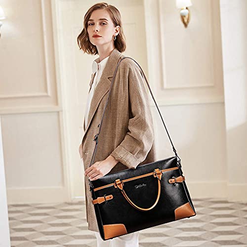 BOSTANTEN Briefcase for Women Leather Laptop Bag 15.6 inch Computer Messenger Office Business Work Tote - color: Black