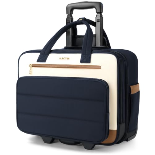 Puffer Women's Rolling Laptop Briefcase Bag with Wheels for Work & Travel | Fits 16-Inch Rolling Computer Bag, Water Resistant, TSA Friendly, 4 Pockets, Lockable Zippers, 3 Ways to Carry - color: Ribbed Navy Blue