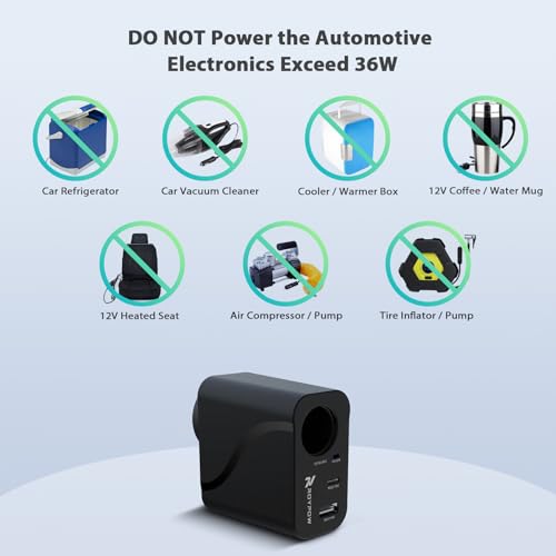 RoyPow AC to DC Converter, 110V/120V to12V Converter, 36W USB C Charger with Car Cigarette Lighter Socket, 3-Ports Wall Charger 18W PD3.0 Travel Plug 110V/120V to 12V/3A Power Adapter for iPhone, iPad - size: 12V/3A
