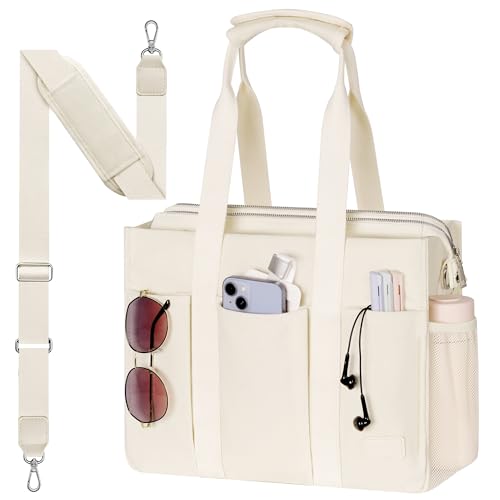 Tote Bag for School, Large Canvas Crossbody Shoulder Bag for College | Fits 14" Laptop with Padded Compartment & Zipper Pockets - color: Beige, size: Large