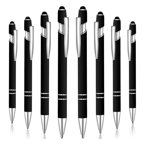 2-in-1 Stylus Ballpoint Pens, 8-Pack, Black, Retractable, 1.0mm Black Ink – Works on Touchscreen Devices, iPhones, Tablets, Laptops - color: Black (Silver Accents)