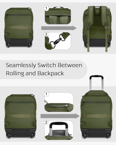 AUROTIER Rolling Tactical Laptop Backpack, Underseat Travel Backpack with Wheels, 16 Inch Wheeled Computer Backpack for Men and Women, Roller Overnight Molle Outdoor Hiking College Carry on Luggage - color: Green
