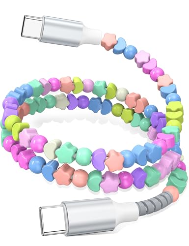 USB C to USB C Cable 3FT,60W Fast Charging Beaded Charger Cord for iPhone 17 16 15 Pro Max/iPad Pro Air 11th for Samsung S26 S25 S24 Ultra S23 A16/Android Phone Charger Cord Cute Girl Women,Star-Heart - color: Star-Heart Colour Beaded, size: 3FT/1M