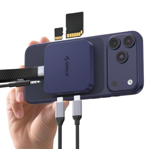 ORICO Ultra-Thin Magnetic SD Card Reader for iPhone 17/16/15 Series/iPad/MacBook, USB C Camera Adapter with SD/TF 3.0 Solt, 5Gbps USB-A, 3.5mm AUX, 100W PD Pass-Through - color: Blue, size: 6 IN 1