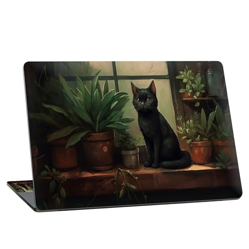 Universal Laptop Skin Sticker with 2 Wrist Pad Skins, Waterproof Scratch Resistant Vinyl Laptop Cover Decal, Cut to Fit for 11–15.6 Inch MacBook HP Dell Lenovo, Black Cat on Window Sill - color: Black Cat on Window Sill