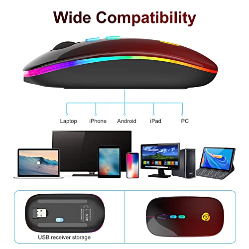 CC Store Wireless Mouse for Laptop,USB-C Rechargeable with Dual Connection | Bluetooth mouse with 2.4GHz USB receiver, silent slim design, adjustable DPI for laptop,MacBook,PC and tablet,Black-red - color: Black-red