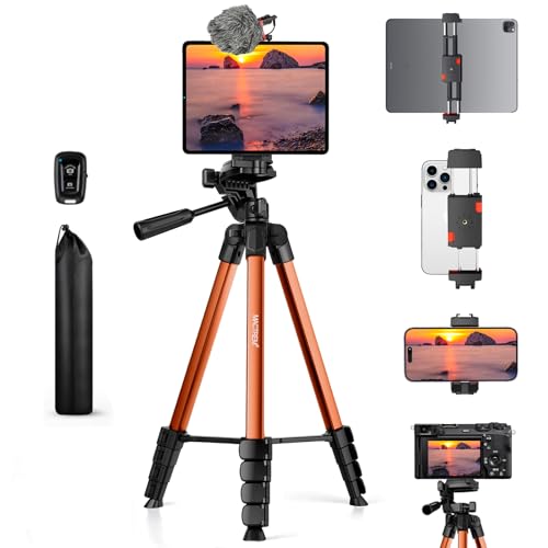 MACTREM 67" Tripod Stand for iPad Phone Tablet Camera with 2 in 1 Mount & Wireless Remote, Aluminum Extendable iPhone Tripod for Video Recording/Selfies/Live Stream/Vlogging (Orange) - color: Orange
