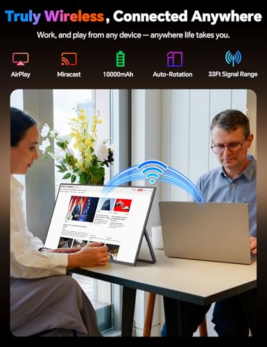 HotYeah 18.5" 100Hz Wireless Portable Monitor w/Rechargeable 10000 mAh Battery, Support AirPlay Miracast, 1080P IPS Monitor USB-C HDMI External Display, 2nd Screen for Laptop MacBook PC Phone Tablet - size: 18.5-inch
