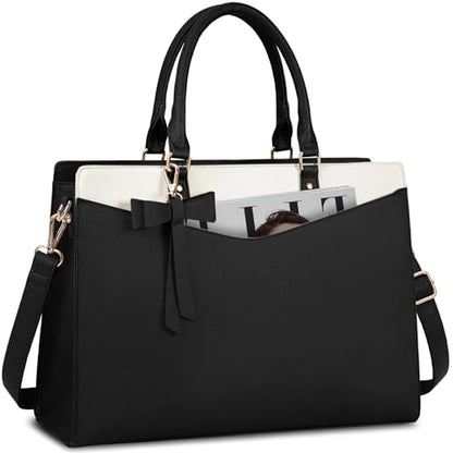 RAINSMORE Laptop Bag for Women 15.6 Inch PU Leather Laptop Tote Professional Business Office Work Bag Waterproof Briefcase Computer Tote Bag Large Lightweight Handbag Shoulder Bag - color: Black and Beige