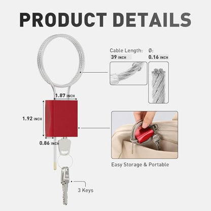 Cable Padlock Free Adjustable Lock 3 Keys, 3.28ft/1m Red | Steel Cable 1/6"(4mm)Diameter, Lock & Secure, Weatherproof for Bikes, Lockers, Gate, Fence, Shed, Outdoor Equipment etc - color: Red- 3.28ft(1m)