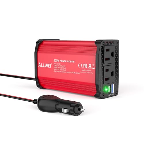 ALLWEI 300W Power Inverter 12V DC to 110V AC Car Inverter with 27W PD USB-C &18W USB-A Fast Charging, Car Charger Cigarette Lighter Adapter for Phone, Laptop and Small Devices on Road Trip-Red - color: PD27W-Red