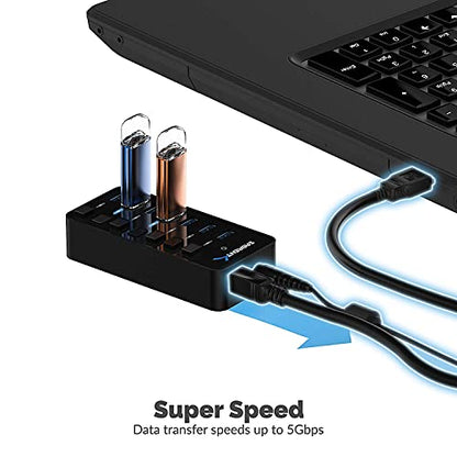 SABRENT 36W 7-Port Powered USB 3.0 Hub, Switches & LEDs (HB-BUP7) | Individual power switches + LEDs; includes 36W 12V/3A power adapter - size: 7-Port - 7 USB 3.0