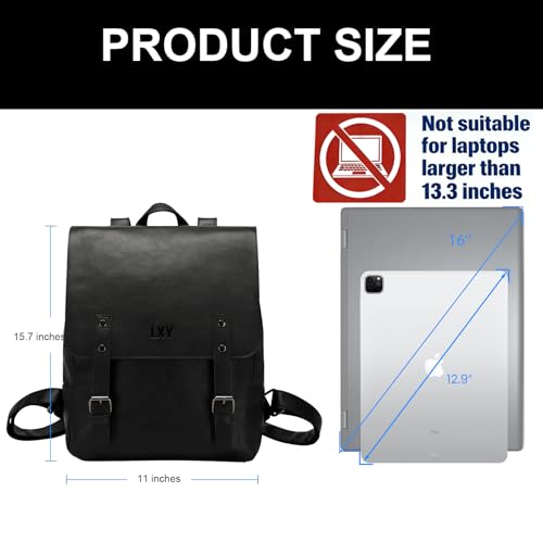 LXY Vegan Leather Backpack Vintage Laptop Bookbag for Women Men, Black Faux Leather Backpack Purse Bookbag Weekend Travel Daypack