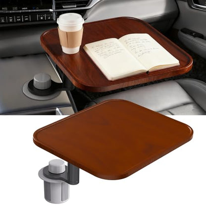 360° Rotation Car Desk for Laptop, Height-Adjustable Cup Holder Table, Wooden Car Food Tray & Laptop Mount Compatible with Tesla Model Y/3/S, Ford F150/Explorer/Maverick & Most Vehicles (Warm Walnut)