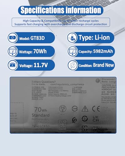 70Wh GT83D Battery for Dell XPS 14 9440 Laptop - Compatible with Part Numbers 7T7DY & N80X2 - size: 11.02*3.19*0.23 inch GT83D