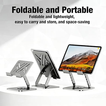 360° Rotating Metal Pad/Tablet Stand, Foldable Height Adjustable Desktop Holder for 4-13 Inch Pad/Tablet Home Office - color: Silver