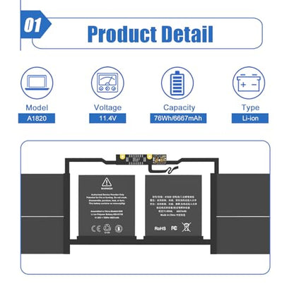 A1820 A1707 Laptop Battery for MacBook Pro 15" A1707 (Late 2016, Mid 2017) | 11.4V 76Wh 6667mAh, Replacement for MacBook Pro 15 inch A1707 (Late 2016, Mid 2017) EMC 3162 3072 series, MPTR2LL/A MPTT2LL/A - size: 12.42*3.62*0.25 inch A1820