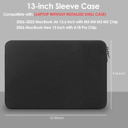 ProElife Sleeve Case for MacBook Neo & Air 13.6 Inch M5 M4, Water-Resistant | Black, Precision Fit, Soft Inner Lining Padded, Anti-Scratch, Double Zippers, Travel Carry Laptop Bag for Home Office - color: Black