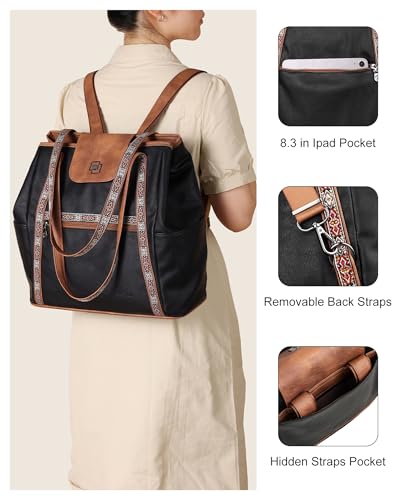 Large Laptop Tote Bag for Women Designer Leather Laptop Bag, 15.6in | Fashion Travel Backpack Purse Shoulder Handbag Fits 15.6 Laptop, Daily, Work, Business Trip, Weekend Travel, Teacher - color: Retro Black With Brown