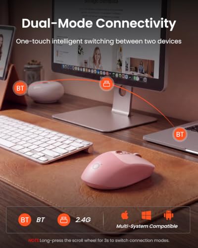 SEUNKWANG Dual-Mode Wireless Mouse with Visible Battery Indicator, Silent Rechargeable Bluetooth & 2.4G Computer Mouse, 1600 DPI, One-Click Privacy Key, Portable Mice for Laptop/PC/Mac - Rose Pink - color: Rose Pink
