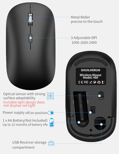 2.4G Silent Lightweight Portable Wireless Mouse Black | Optical 2400 DPI with USB receiver, quiet click, compatible with Laptop, PC, MacBook & Chromebook - color: M280-Black