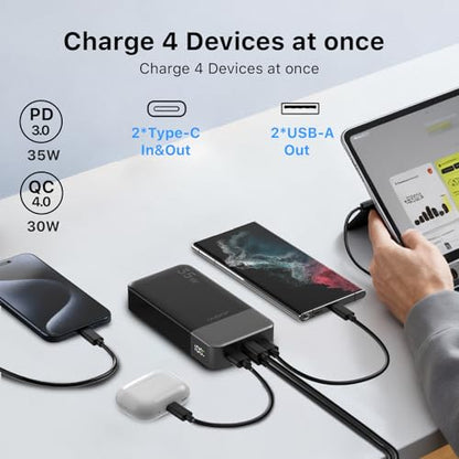 JUOVI Power Bank 35W 20000mAh Portable Charger Fast Charging，PD 3.0 QC 4.0 Fast Charging Phone Charger with LED Display, Travel Battery Pack 2 USB C 2 USB A Ports for iPhone 16/15/14 Series, Galaxy, - color: 4 Outputs Black
