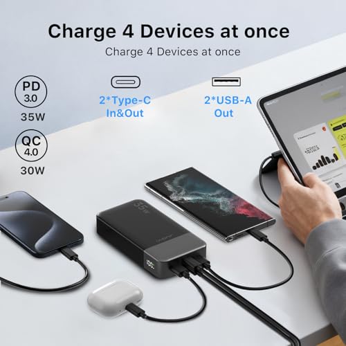 JUOVI Power Bank 35W 20000mAh Portable Charger Fast Charging，PD 3.0 QC 4.0 Fast Charging Phone Charger with LED Display, Travel Battery Pack 2 USB C 2 USB A Ports for iPhone 16/15/14 Series, Galaxy - color: 4 Outputs Blue