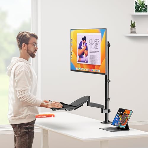 PUTORSEN Sit Stand Monitor Desk Mount with Keyboard Tray for 17-32” Screens | Height Adjustable Full-Motion Articulating Arm,19.8 lbs Monitor & 2.2lbs Tray Capacity, C-Clamp & Grommet Mount,Black - size: 32 Inch