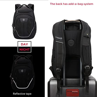 Swissdigital Design Large Travel Backpack For Men, TSA-Friendly Business Laptop Backpack, USB Charging Port，RFID Protection Tech Backpack Fits 15.6Inch Laptop Black/Green | J16BTF-21 - color: Black/Green