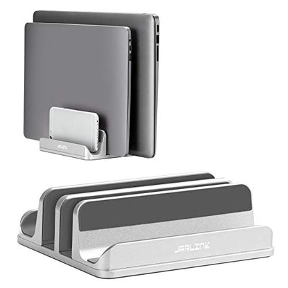 JARLINK 4-in-1 Adjustable Vertical Laptop Stand Holder, Aluminum Dual Slots Laptop Rack for Desk, Space-Saving Organizer Compatible with All MacBook, Surface, Chromebook, and Gaming Laptops (Silver) - color: Silver