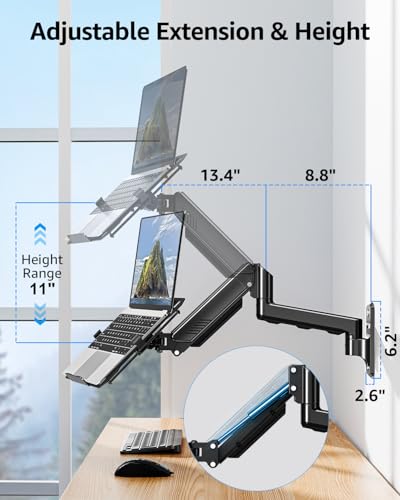 MOUNTUP Laptop Wall Mount, Adjustable Laptop Mount for Max 17" Notebook or Max 32" Monitor, Wall Mount Laptop Holder Holds 4.4-22lbs, 2-in-1 Laptop Arm with Ventilated Tray - size: Single, style: Wall mount
