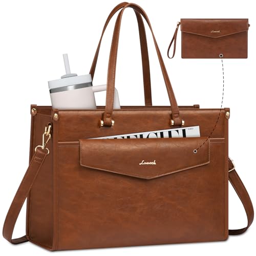 LOVEVOOK Laptop Tote Bag Women 2-in-1 Work Purse Computer Briefcase Handbag | Envelope Wristlet Clutch, Professional Work Bag for Business Office Teacher College Commute, Large PU Leather Messenger Bag - color: Brown, size: 15.6 inch