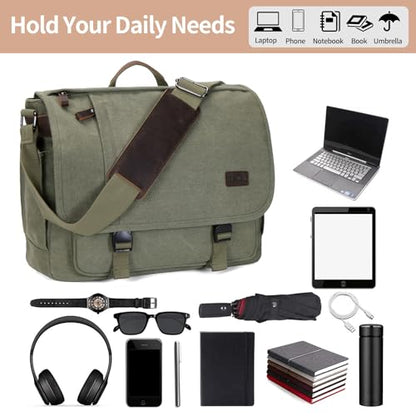 Nerlion Messenger Bag for Men 17-17.3 Inch Laptop Bag Canvas Water-resistant Computer Bag Shoulder Bag Work Briefcase Bookbag for College (Green) - color: Green