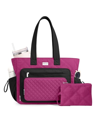 TOPDesign Puffer Laptop Bag for Women, Quilted Teacher Tote Nurse Work Briefcase, Computer Handbag with 40oz Cup Holder - color: Dark Purple/Black/Dark Purple, size: 15.6 Inch