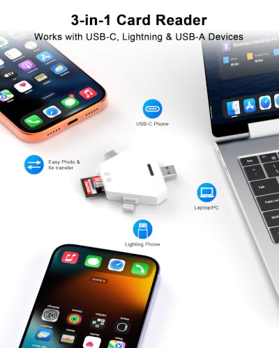 Magnetic SD/microSD Card Reader for iPhone/iPad, USB C/Lightning/USB-A | Compatible with iPhone 15/16/17; plug and play with no app, USB 3.0 speeds up to 120MB/s, ideal camera accessory - color: gray-white