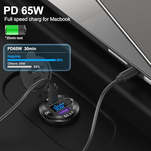 12V USB Outlet Aluminum Car Charger PD65W Port for Laptops, Quick Charge 3.0 USB Port for Car, Built-in Boost 15V 20V Output Socket Waterproof with Voltmeter and Switch for RV Marine Boat, etc