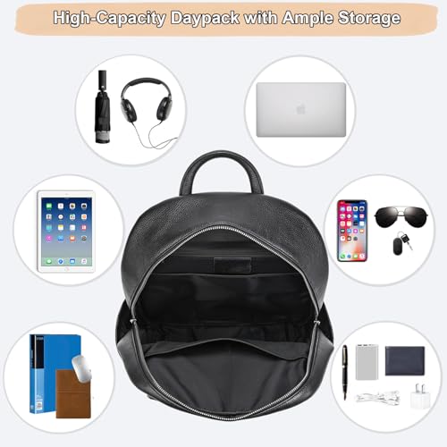Genuine Leather 15.6 Inch Laptop Backpack for Men, Multi Pocket Casual Daypack Shoulder Bag for Business Travel Outdoor, Black - color: Black