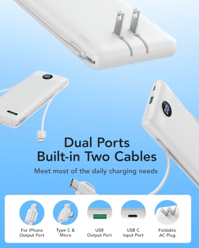 VRURC 10000mAh Portable Phone Charger, Built-in AC Plug & Cables, White | 22.5W fast charging, LED display, built-in Micro/USB-C/Phone cables, airline approved travel accessory,8 oz - color: White
