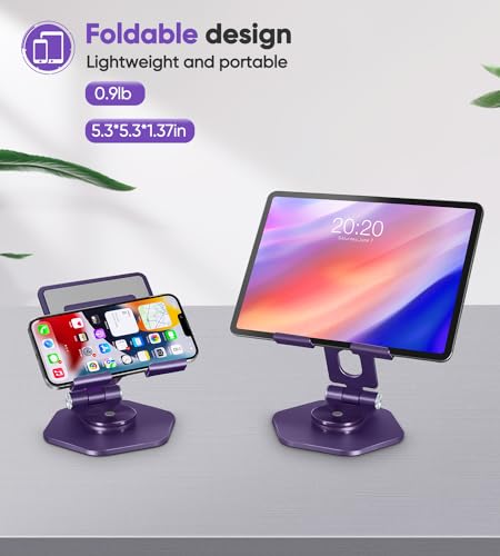 Tablet Stand, Aluminum Desktop Holder, Compatible with 5-12.9" iPad, Purple | 360° Swivel Adjustable Viewing Angles; Sturdy All-Aluminum Design Improve heat dissipation; Foldable and Storage; - color: Purple